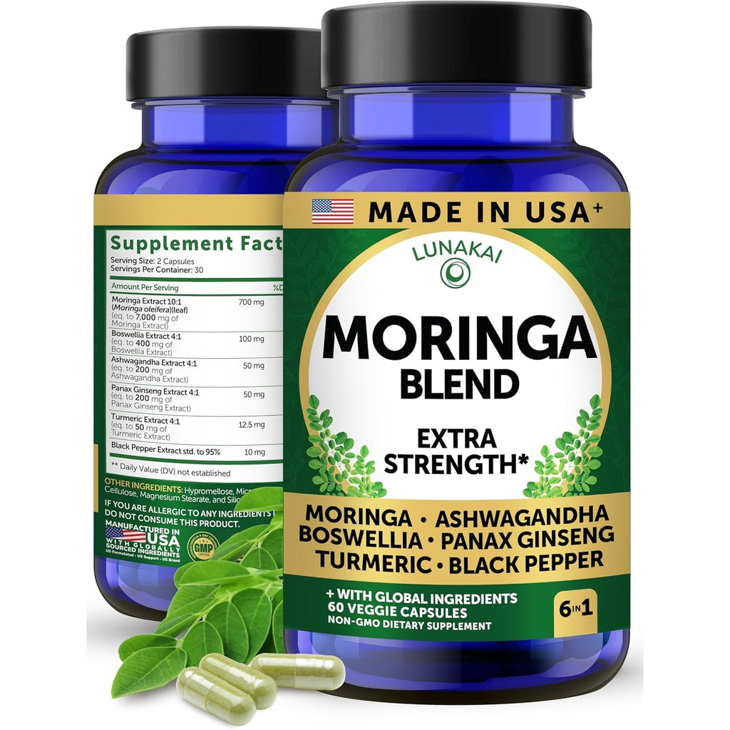 Lunakai USA Made Pure Moringa Capsules – Advanced Moringa Leaf Extract Supplement with Ashwagandha, Boswellia, Ginseng & Turmeric, 60Ct