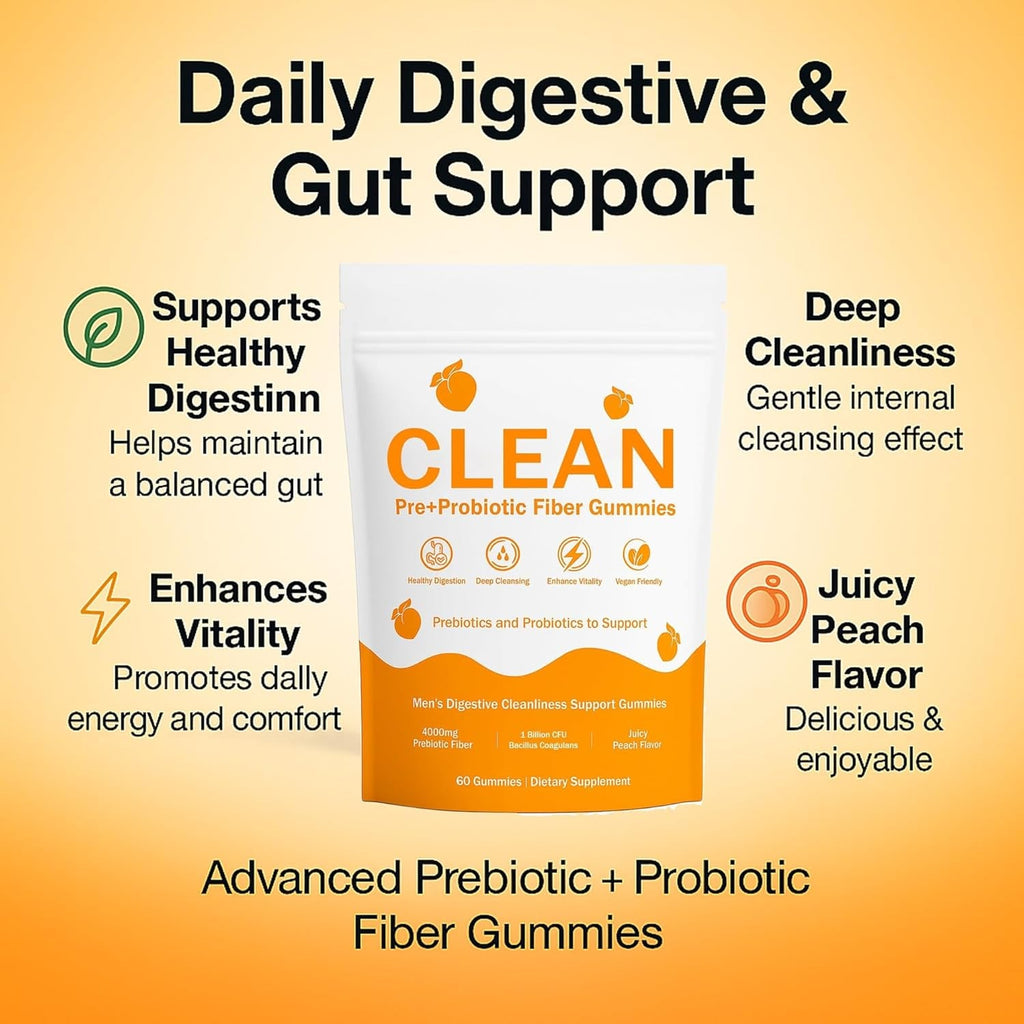 Clean Prebiotic Fiber Gummies for Men - Peach Flavor, Pre+Probiotic Fiber Gummies, Gut Balance, Digestive Support & Daily Clean Confidence, Cleaning Support Gummy 60Gummies