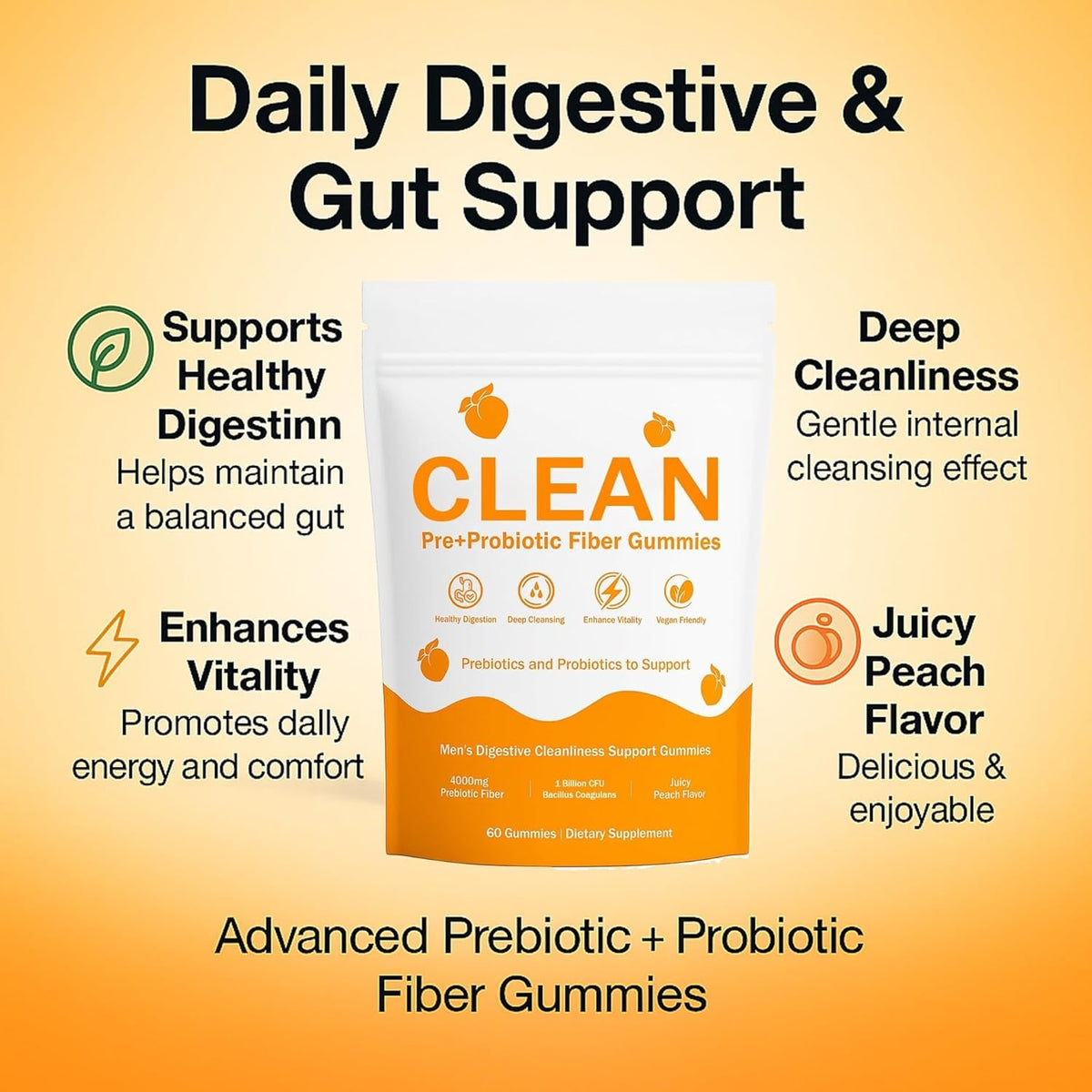 Clean Prebiotic Fiber Gummies for Men - Peach Flavor, Pre+Probiotic Fiber Gummies, Gut Balance, Digestive Support & Daily Clean Confidence, Cleaning Support Gummy 60Gummies