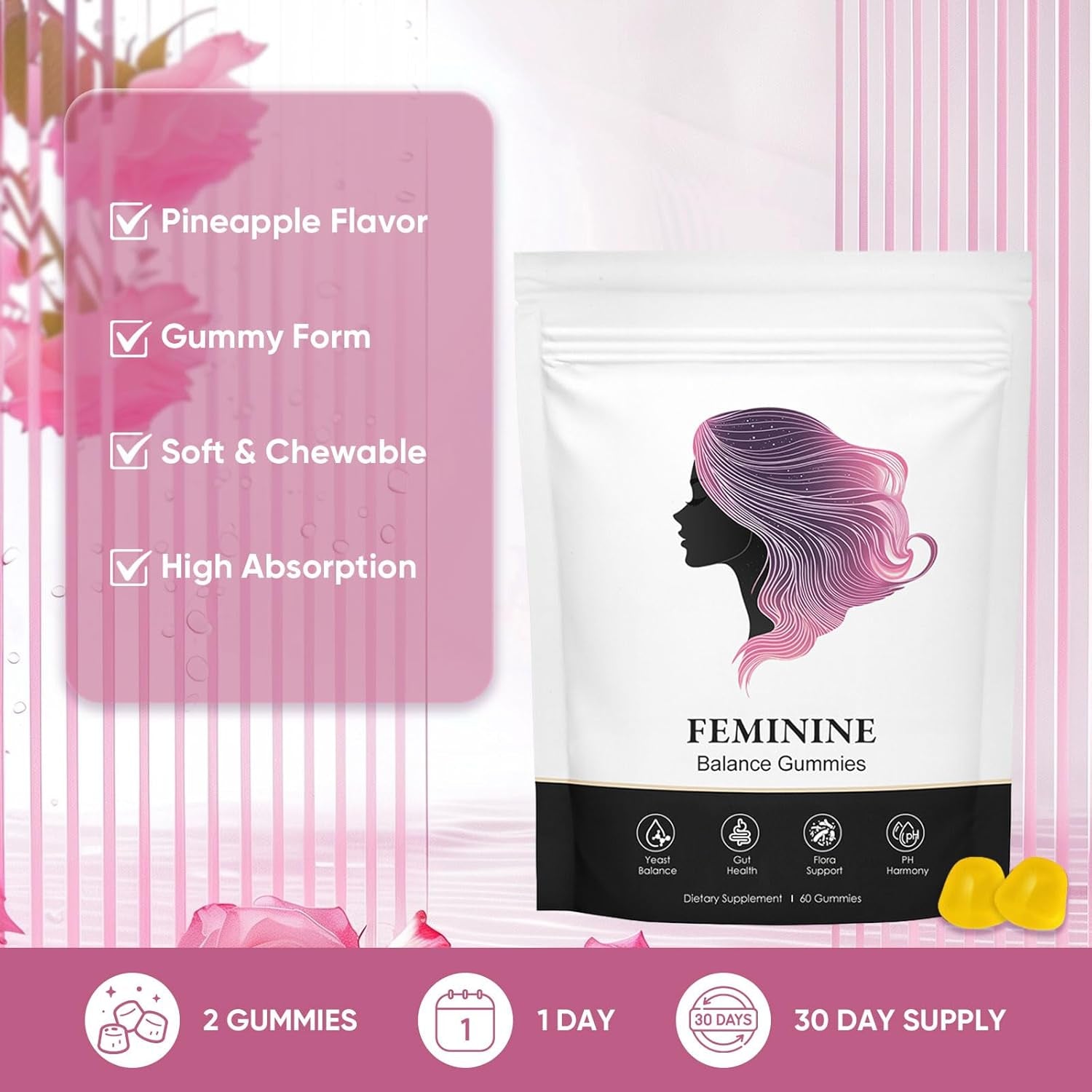 Feminine Balance Gummies for Women, Pineapple Gummies for Women Ph, Women’S Health Probiotics - Ph Balance, Healthy Odor, Flora, Vaginal & Gut Health, Immune Support (1)