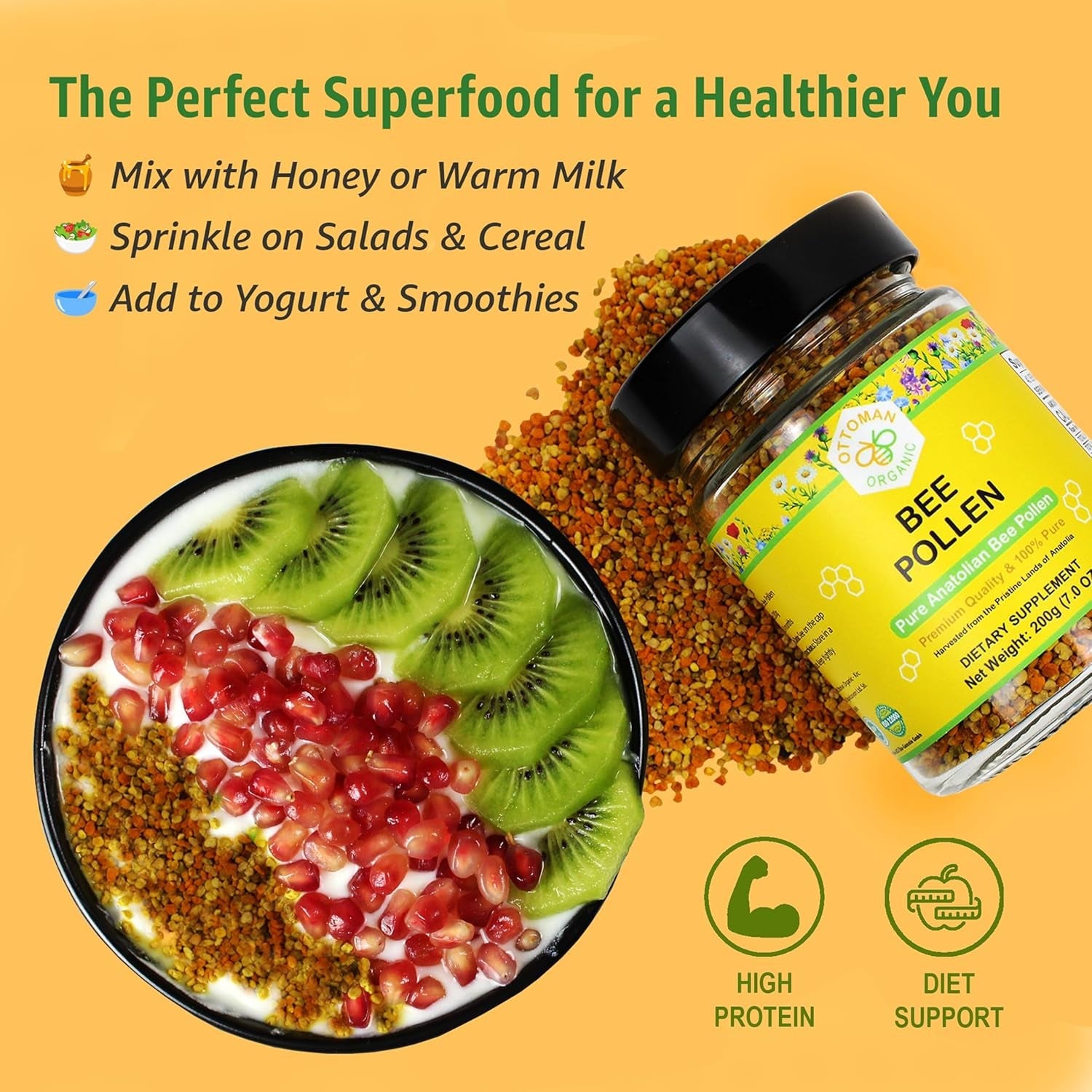 Bee Pollen – USDA & EU Organic Certified, Halal, ISO 22000 & GMP | 100% Pure Superfood, Rich in Vitamins & Minerals | Non-Gmo, Additive-Free (7 Ounce (Pack of 1))