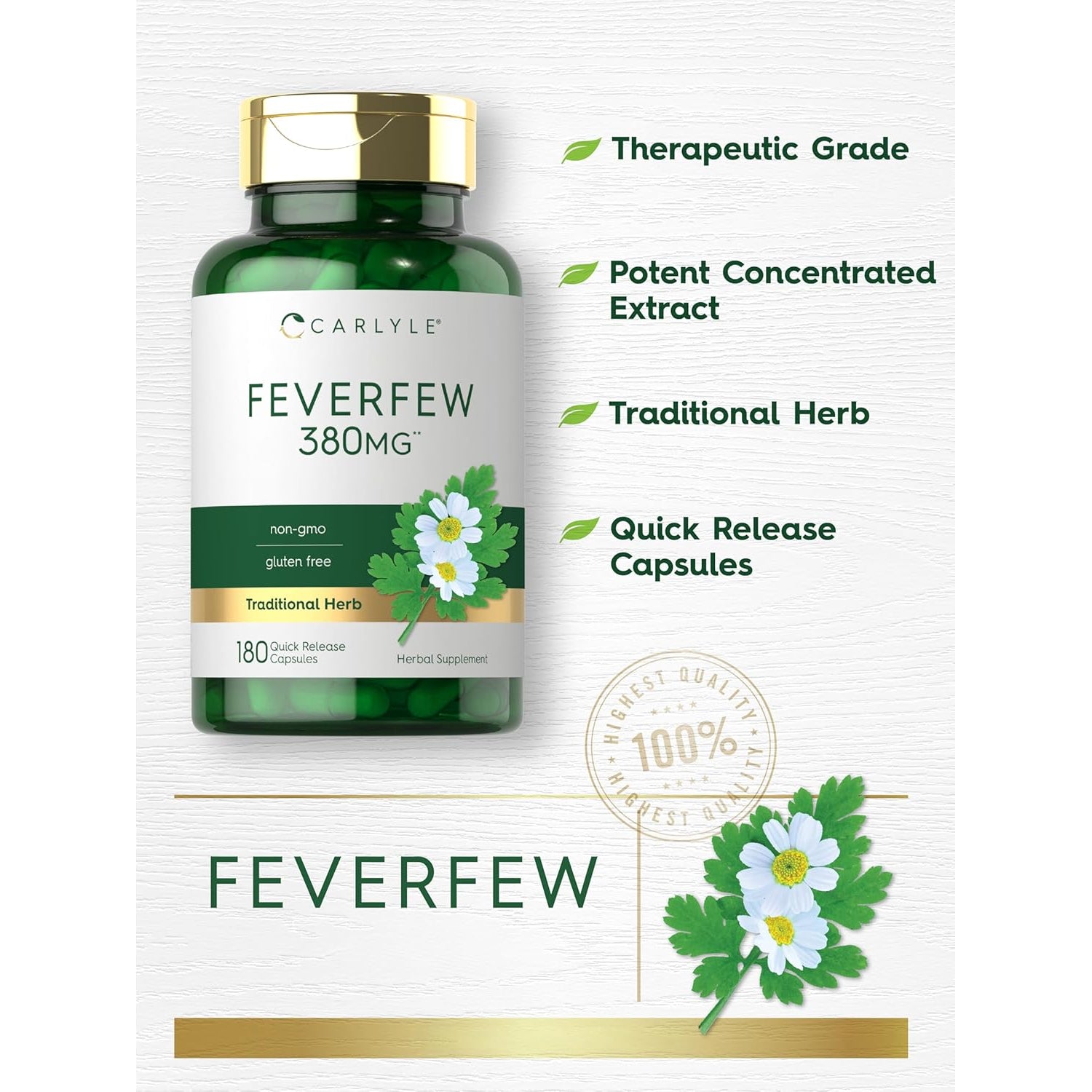 Carlyle Feverfew Capsules | 180 Count | Traditional Herb Extract | Non-Gmo, Gluten Free