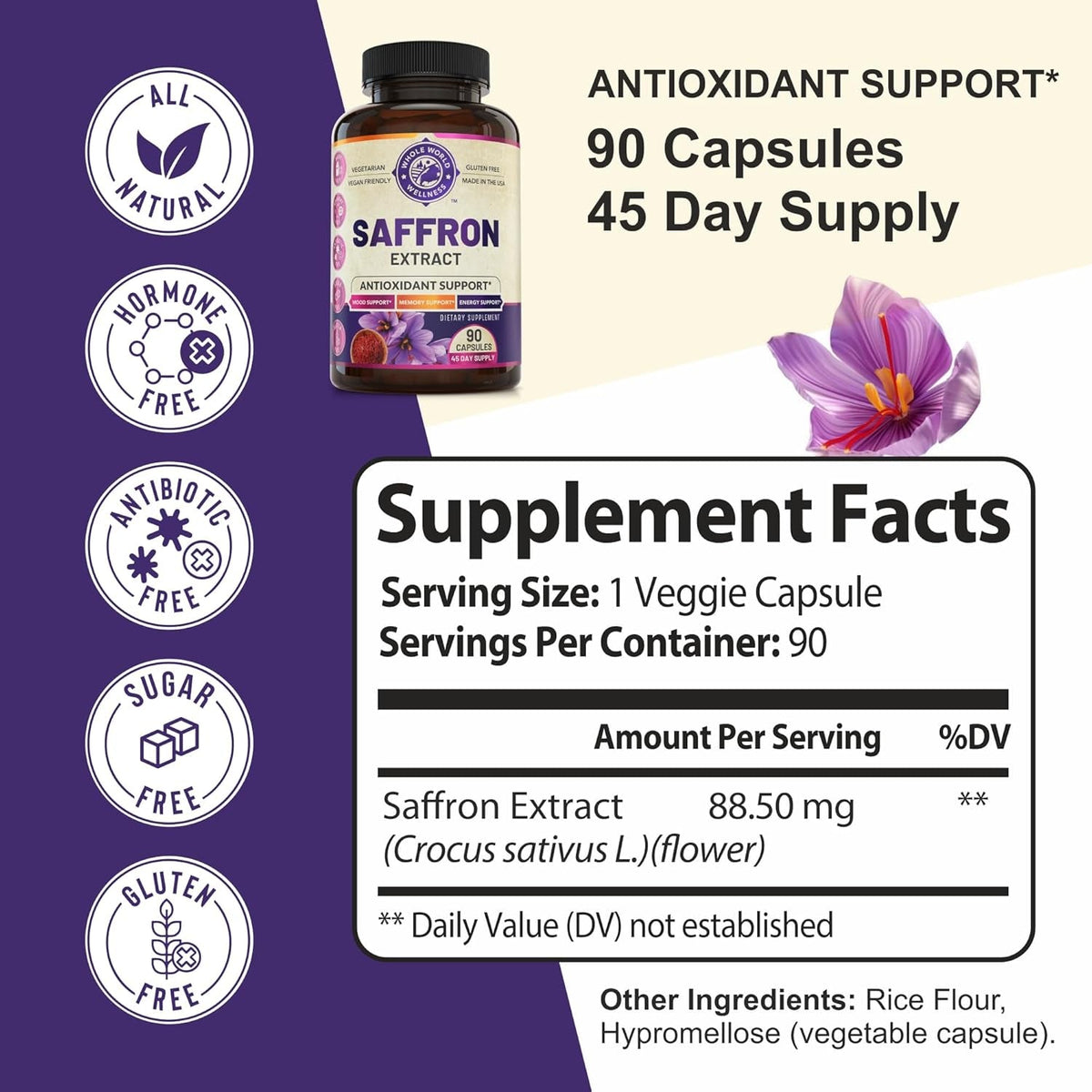 100% Pure Saffron Extract - Supports Weight and Appetite Health, Mood, Focus, Memory, Digestion, Eye, Skin and Brain Health. NSF Certified Saffron Supplements for Women and Men.