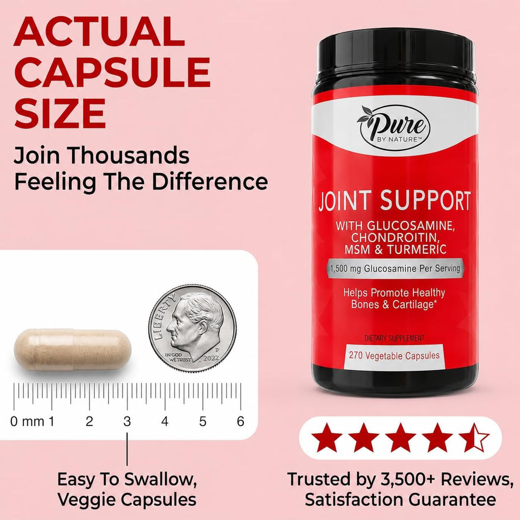 Pure by Nature Glucosamine Chondroitin MSM Turmeric Boswellia (90 Day Supply) - Joint Support Supplement for Women & Men, Nutritional Support for Joint Strength, Gluten Free, Non GMO - 270 Capsules