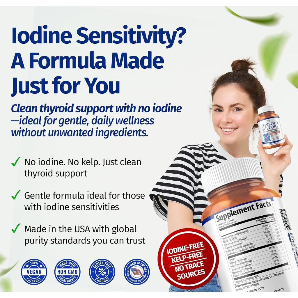 1 Body Thyroid Support Supplement for Women – Iodine Free Formula with Selenium, Zinc & Ashwagandha – Supports Energy, Metabolism & Hormone Balance – 60 Vegan Capsules