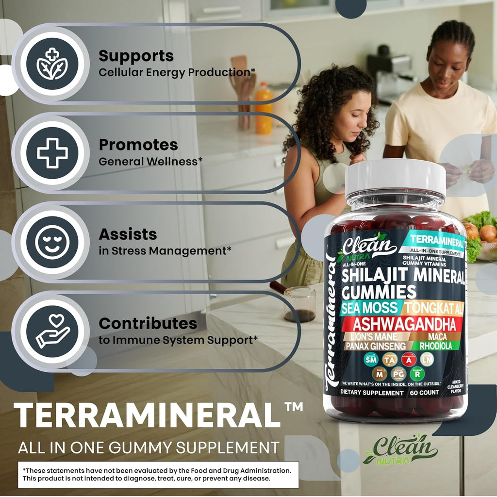 Terramineral Shilajit Gummies with Irish Sea Moss Tongkat Ali Ashwagandha Lion'S Mane MACA Panax Ginseng Rhodiola & Cordyceps by Clean Nutra (1)