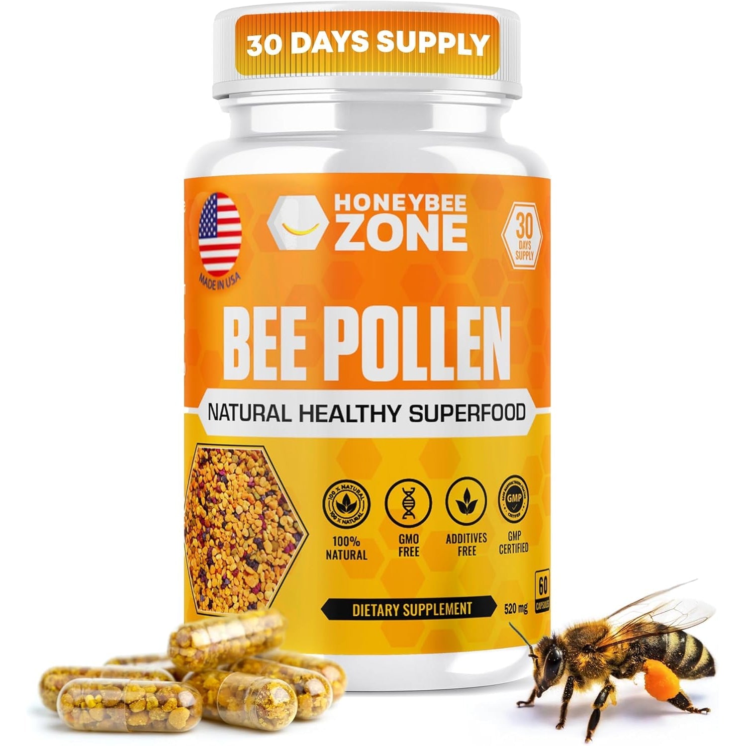 HONEYBEEZONE–100% Raw Bee Pollen Granules in 60 Veggie Capsules – High in Essential B-Complex for Metabolism & Energy - Gluten Free & Non-Gmo - Protein & Antioxidants – Immune Support & Vitality