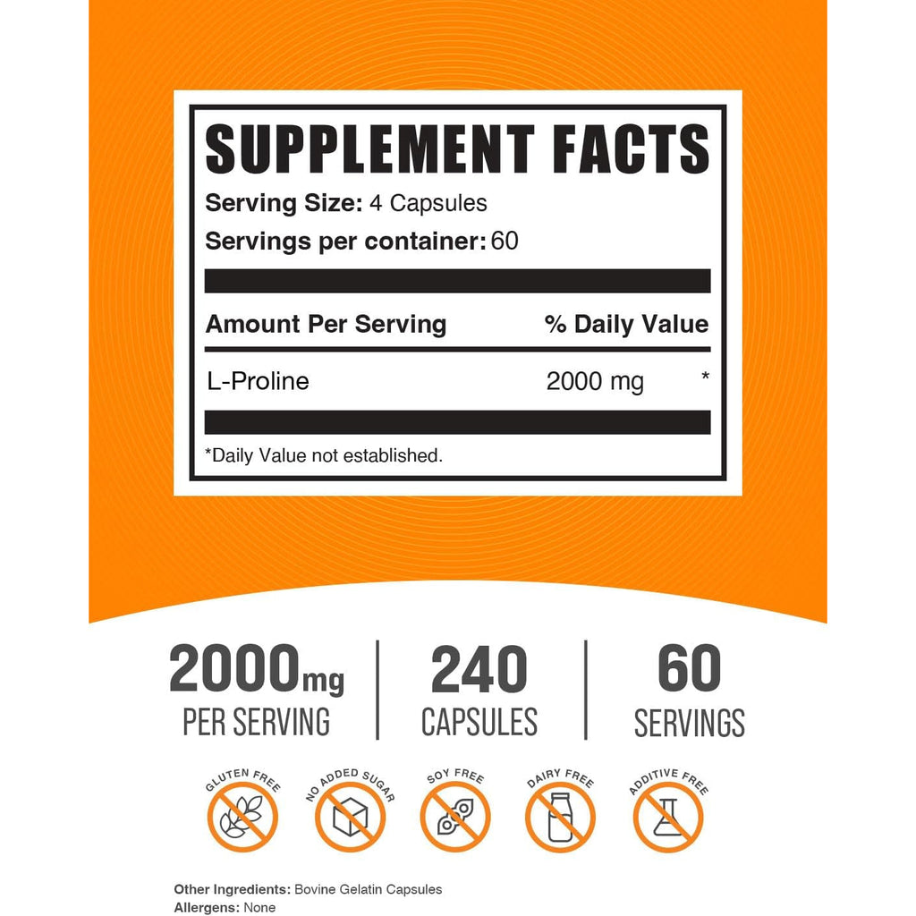 Bulksupplements.Com L-Proline Capsules - Amino Acid Supplement, L-Proline 2000Mg, Proline Supplements - Gluten Free, 4 Capsules per Serving, 240 Count (Pack of 1)