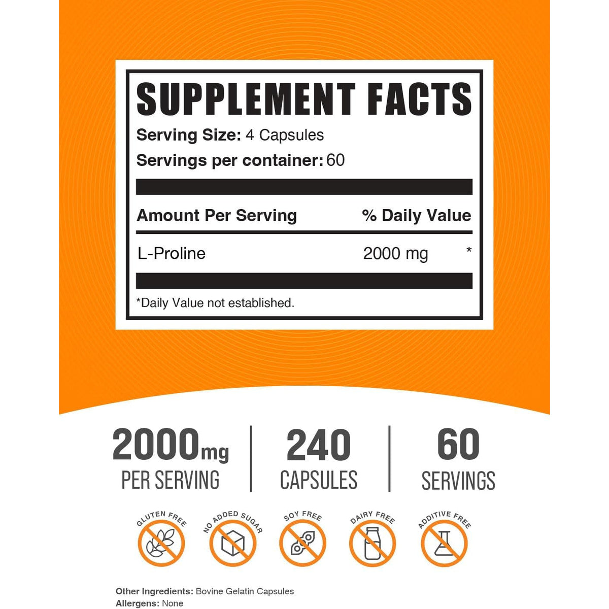 Bulksupplements.Com L-Proline Capsules - Amino Acid Supplement, L-Proline 2000Mg, Proline Supplements - Gluten Free, 4 Capsules per Serving, 240 Count (Pack of 1)