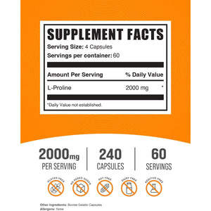 Bulksupplements.Com L-Proline Capsules - Amino Acid Supplement, L-Proline 2000Mg, Proline Supplements - Gluten Free, 4 Capsules per Serving, 240 Count (Pack of 1)