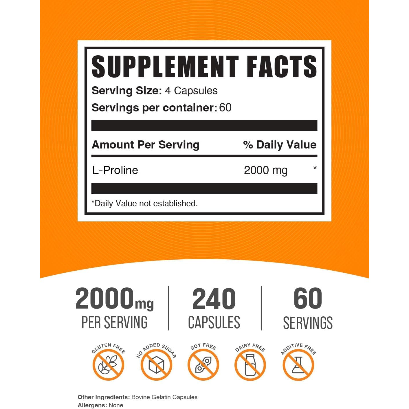 Bulksupplements.Com L-Proline Capsules - Amino Acid Supplement, L-Proline 2000Mg, Proline Supplements - Gluten Free, 4 Capsules per Serving, 240 Count (Pack of 1)