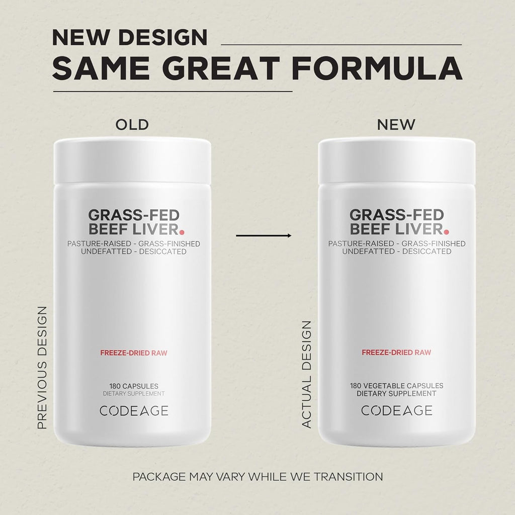 Codeage Grass Fed Beef Liver Supplement Superfood, Freeze Dried, Non-Defatted, Desiccated Glandulars Bovine Pills, Pasture Raised Beef Vitamins, Non-Gmo Liver Meat, 180 Capsules