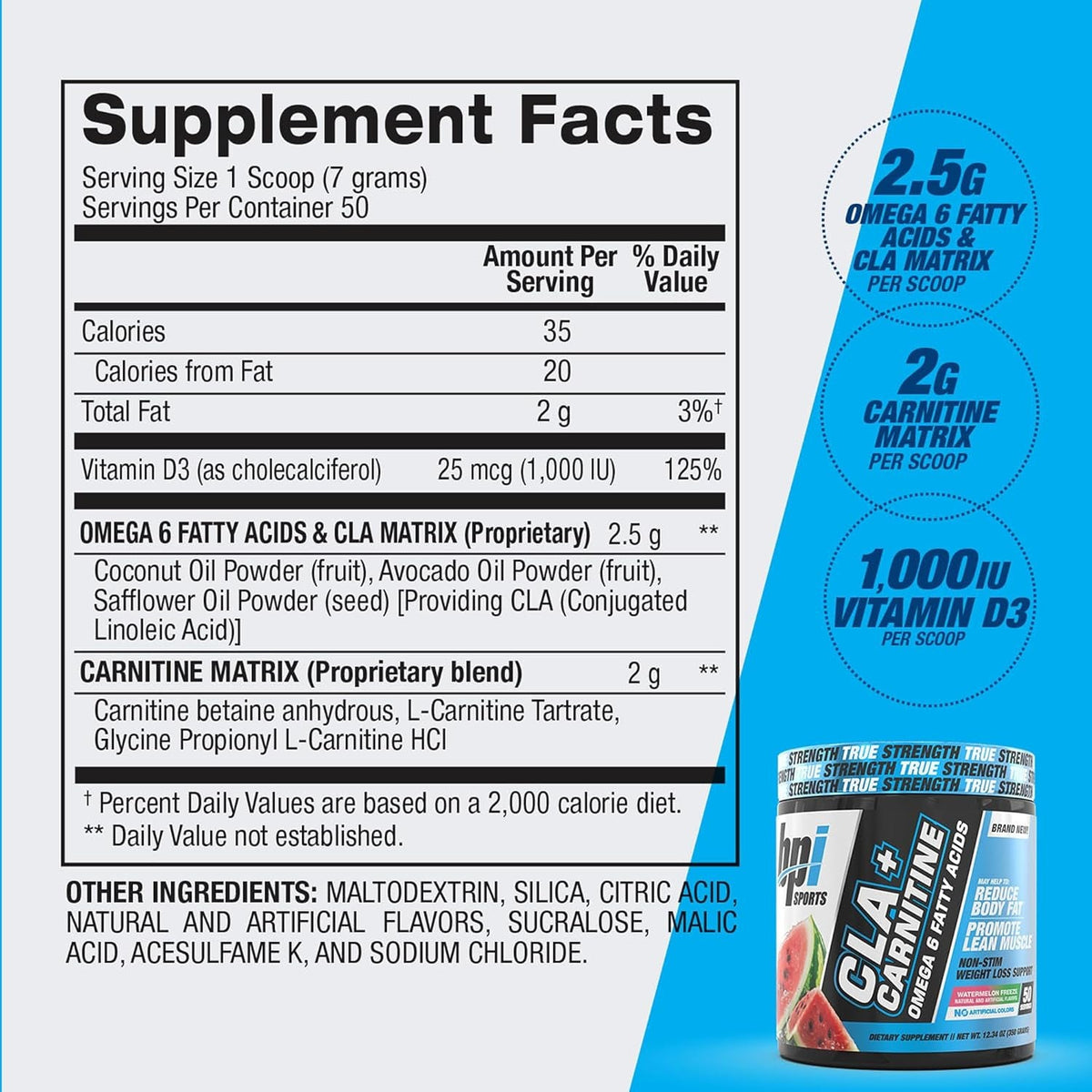 BPI Sports Cla+Carnitine – CLA L Carnitine & Linoleic Acid – L Carnitine Supplement for Weight Loss, Metabolism & Lean Muscle – Caffeine Free – Watermelon – 50 Servings – 12.34 Oz