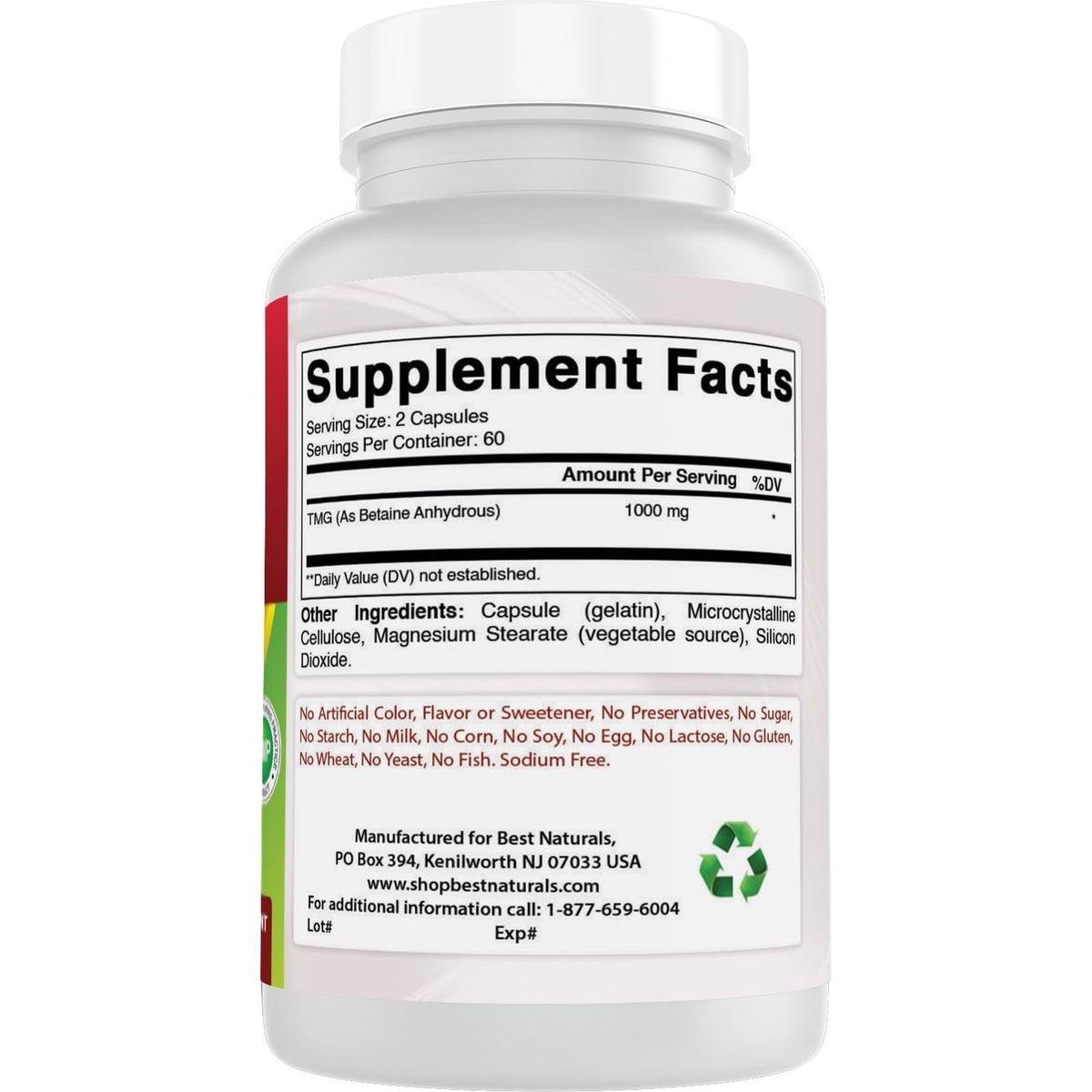 Best Naturals TMG Trimethylglycine (As Betaine Anhydrous) 1000 Mg Serving - 120 Capsules - Healthy Homocysteine Levels & Methylation Support (120 Count (Pack of 1))