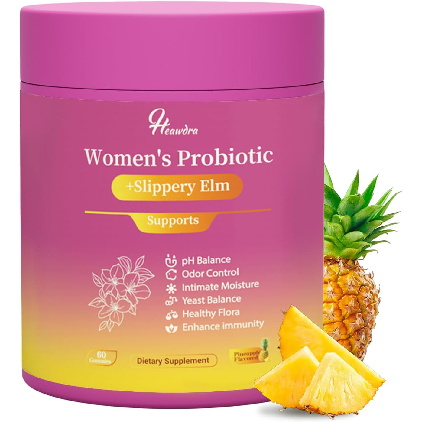 Her Juicy Women'S Probiotic Gummies: Supports Women’S Wellness & Ph Balance, Clean Vegan, Pineapple Flavor, Prebiotics & Lactobacillus Blend, with Slippery Elm, Gut Health & Immune Defense, 60 Gummies