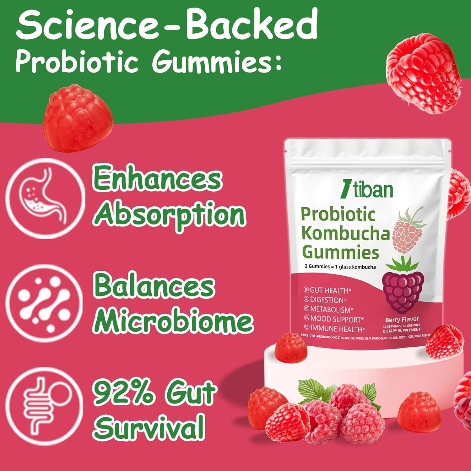 Probiotic Kombucha Gummy - Prebiotics, Probiotics, Postbiotics, Fiber Supplement, Slippery Elm for Bloating, Gut Health, Women and Men, 60Ct