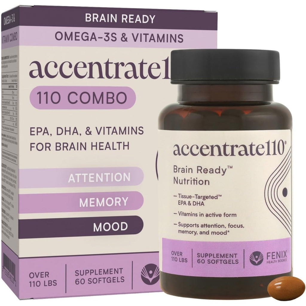 Accentrate110 - Focus Supplement - Methylated Vitamin B Complex with Omega 3 Fatty Acid Supplement - L-Methylfolate, Vitamin B12, P-5-P, Riboflavin, VIT D, – 60 Softgels (1 Month Supply)