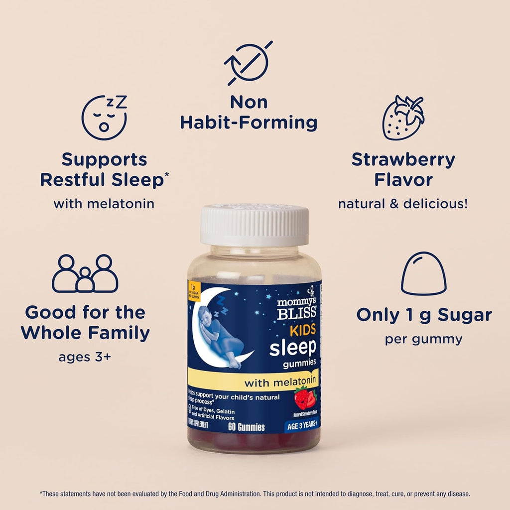 Mommy'S Bliss Kids Sleep Melatonin Gummies, No Artificial Colors, Flavors or Gelatin, Strawberry Flavor Children'S Melatonin Gummies, Age 3+, 60 Count