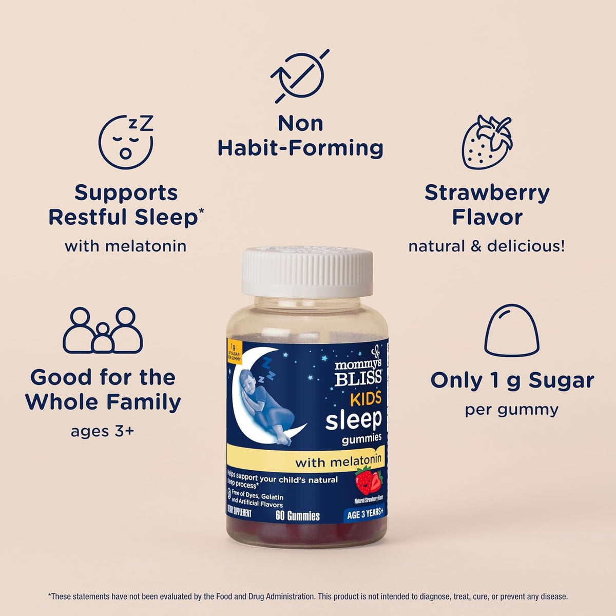 Mommy'S Bliss Kids Sleep Melatonin Gummies, No Artificial Colors, Flavors or Gelatin, Strawberry Flavor Children'S Melatonin Gummies, Age 3+, 60 Count