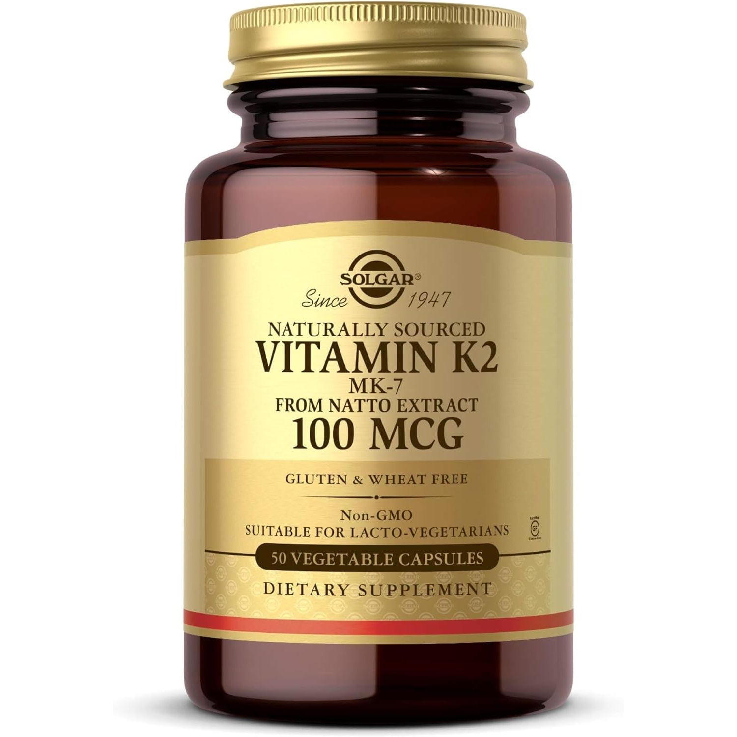Solgar Naturally Sourced Vitamin K2 (MK-7) 100 Mcg - 50 Vegetable Capsules - Supports Bone Health - Whole Food Source from Natto Extract - Non-Gmo, Gluten Free - 50 Total Servings