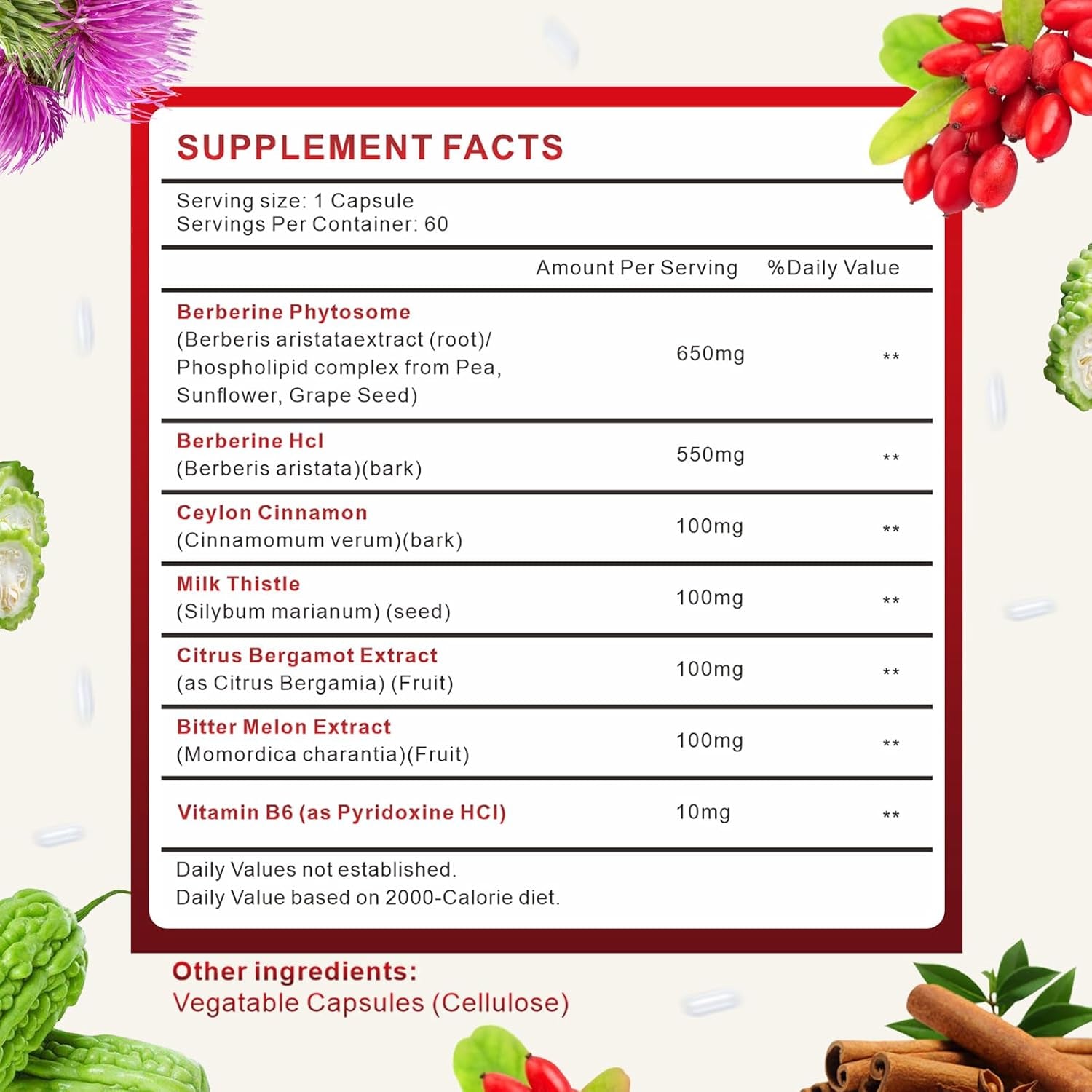 7-In-1 Berberine Phytosome with Ceylon Cinnamon, Berberine Complex Supports Metabolic, Liver Function and Immune System, Non-Gmo - 60 Capsules