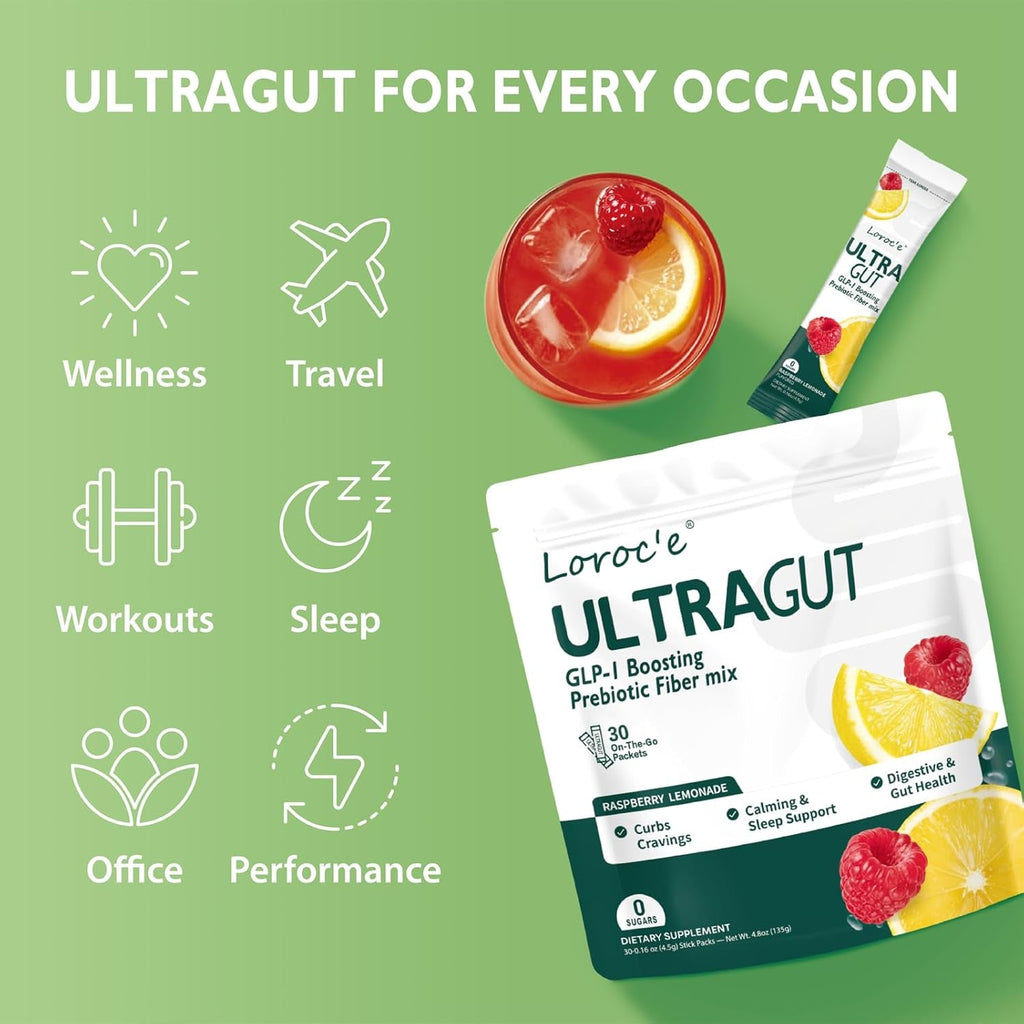 Ultragut GLP-1 Booster Fiber Mix Drink, Cortisol Reducer & Sleep Aid, for Weight Loss & Gut Health - with Prebiotics, Magnesium Glycinate, L-Theanine, Ashwagandha, Vitamin D, No Sugar, 30 Servings