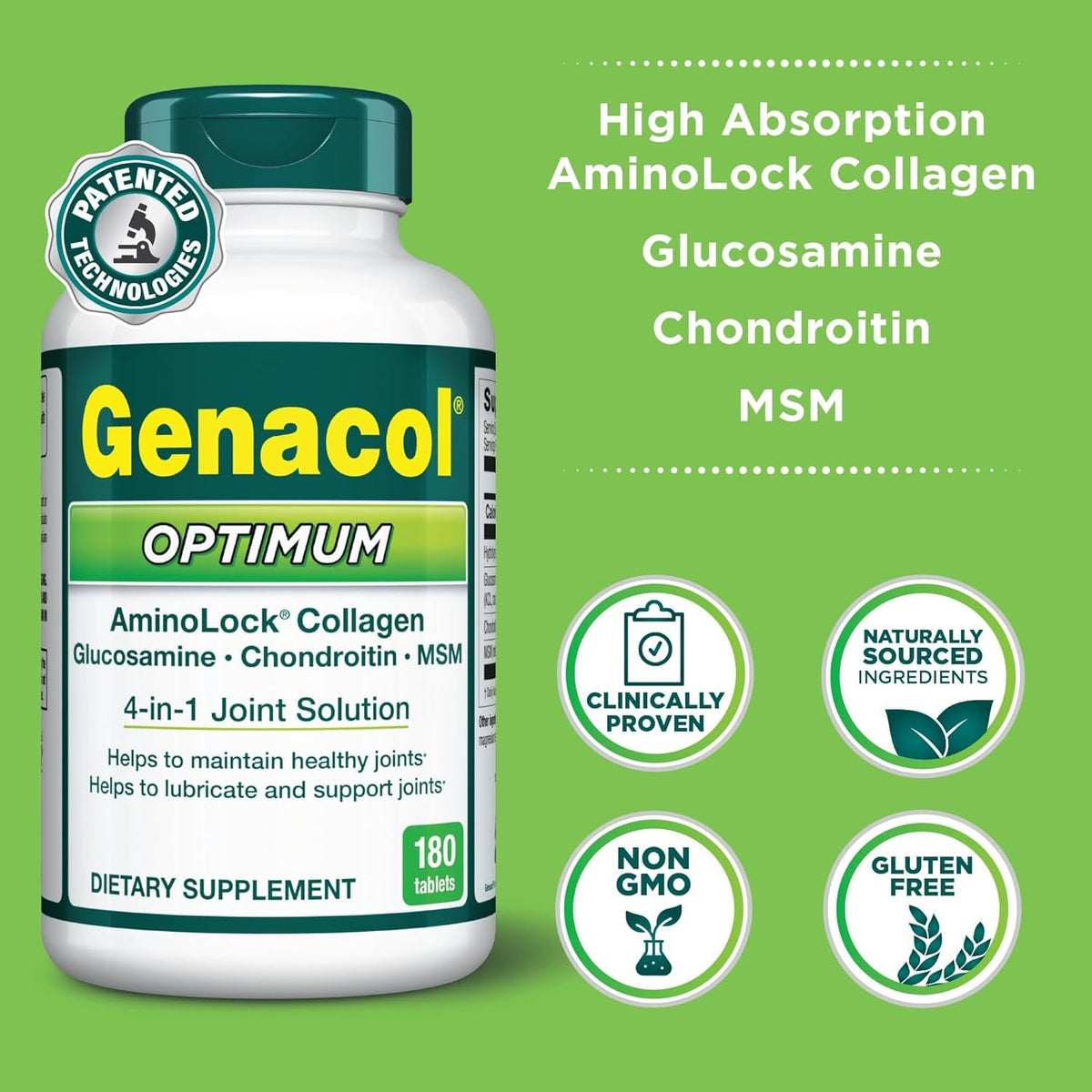 Genacol Optimum – Glucosamine, Chondroitin, MSM & Ultra-Hydrolyzed Collagen Joint Supplement, Complete Formula for Joints and Cartilage, 180 Tablets (60-Day Supply)