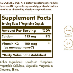 Solgar Naturally Sourced Vitamin K2 (MK-7) 100 Mcg - 50 Vegetable Capsules - Supports Bone Health - Whole Food Source from Natto Extract - Non-Gmo, Gluten Free - 50 Total Servings