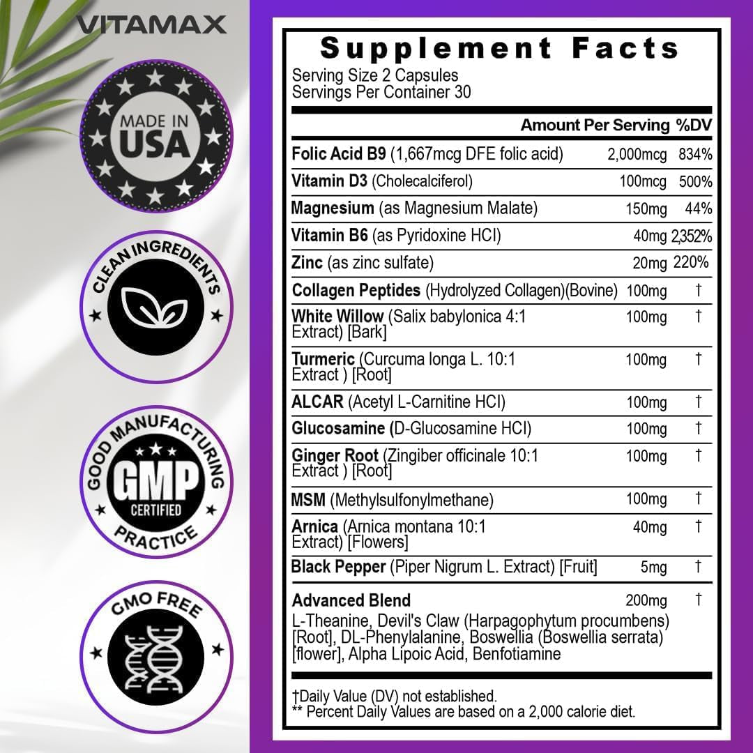 Sciatic Nerve Health Support - Sciatic Nerve Supplement Capsules with Folic Acid, Pea, Glucosamine, MSM, Vitamin B Complex, Alpha Lipoic Acid 300Mg – 60Ct – Made in USA