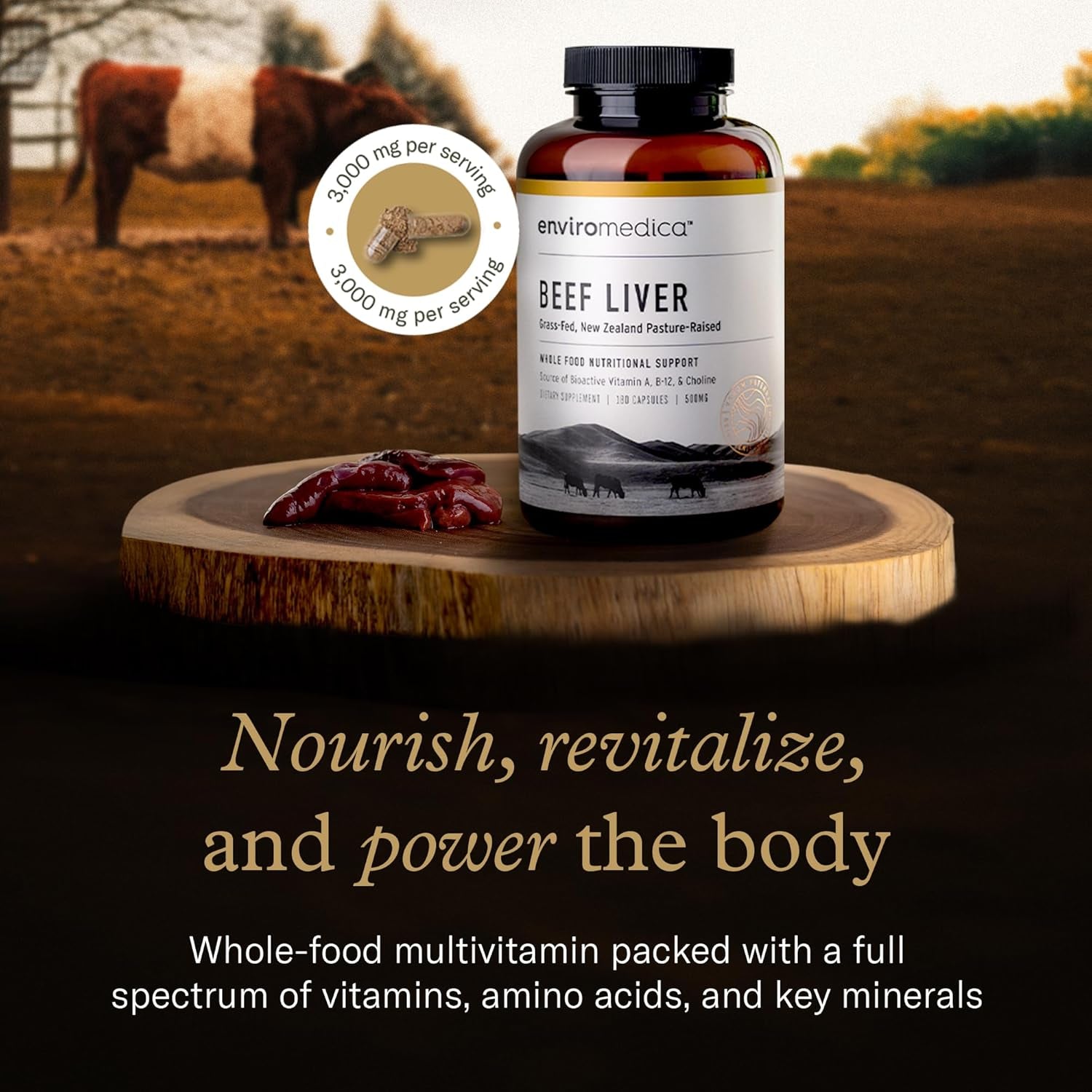 Enviromedica Grass Fed Beef Liver Capsules - Freeze Dried Liver Supplement for Men & Women with Preformed Vitamin A, Pastured & Grassfed New Zealand Bovine Beef Organ Meat,180 Pills