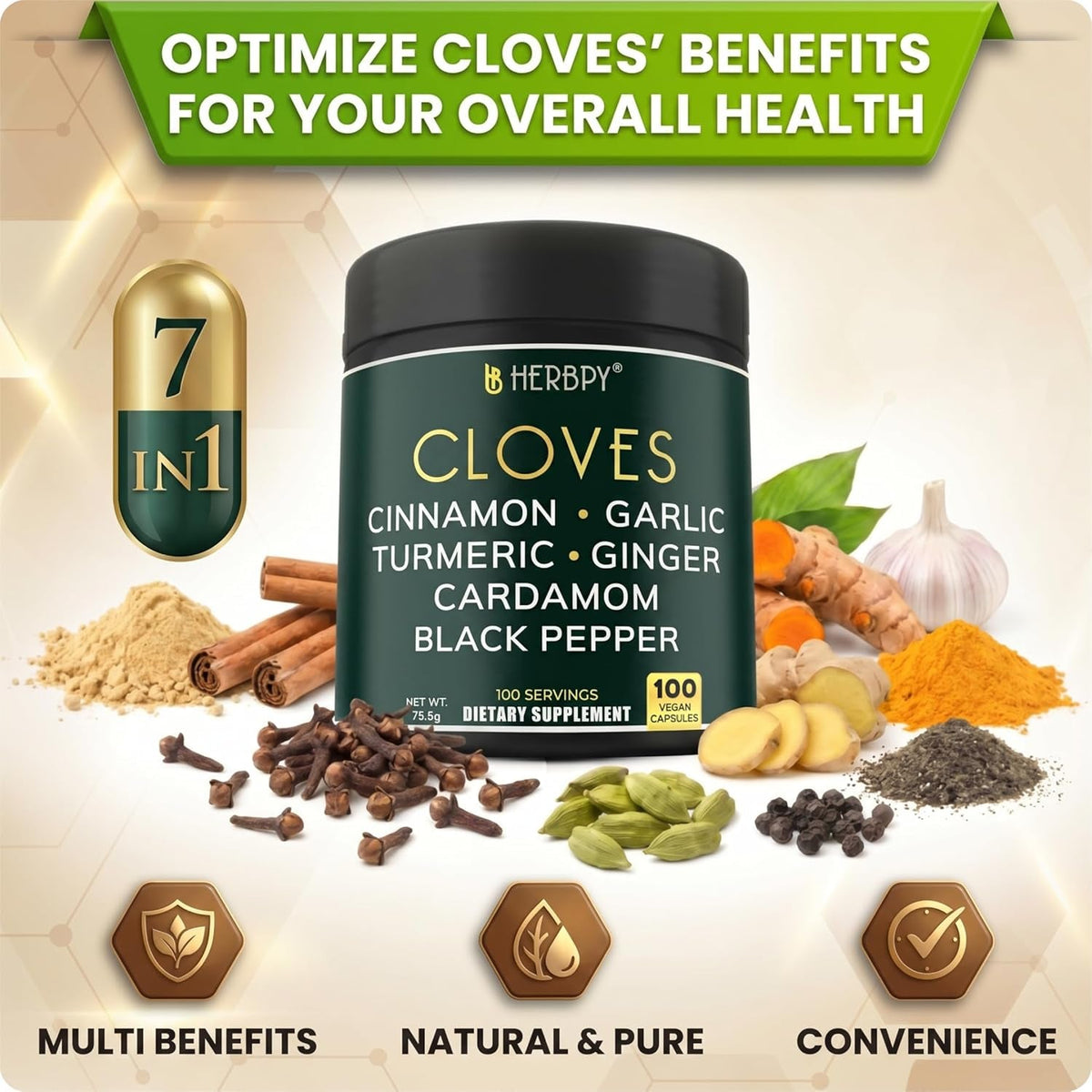 Herbpy 7In1 Clove Supplement 500Mg Rich in Vitamins & Minerals Supports Digestion, Immune & Heart Health with Cinnamon, Turmeric, Ginger, Cardamom, Garlic & Black Pepper - 100 Vegan Capsules
