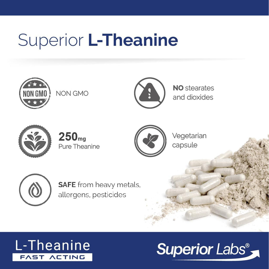 Superior Labs L-Theanine 250 Mg Capsules, Non-Gmo, Promotes Non Drowsy Relaxation & Helps Ease Everyday Stress, Supports Healthy Sleep, Promotes a Focused Mind, High Absorption, 90 Veg Caps