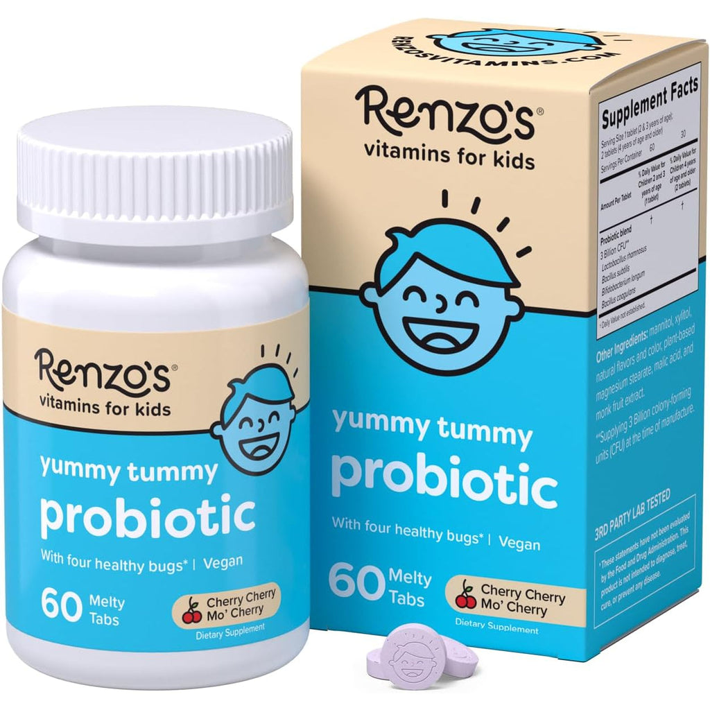 Renzo'S Kids Probiotic, Dissolvable Probiotics for Digestive Health & Immune Support, 60 Cherry-Flavored Melty Tabs