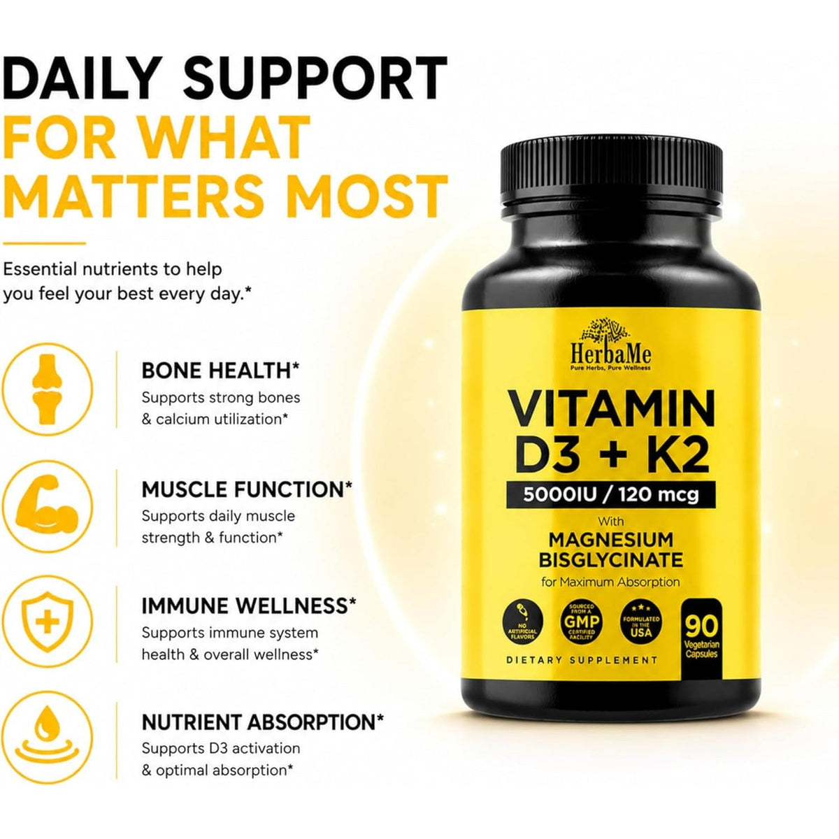 Herbame Vitamin D3 5000 IU + K2 with Magnesium Bisglycinate | Complete D3 Activation & Absorption Support Formula | Bone, Muscle & Immune Wellness | 90 Capsules