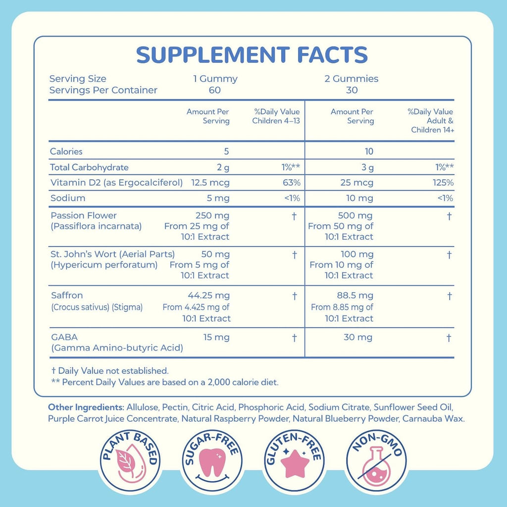 Saffron Gummies for Kids - Saffron with GABA, Passion Flower & St Johns Wort, Sugar Free, Support Mood & Focus Calm Gummies, Natural Berry Flavor (60 Gummies)