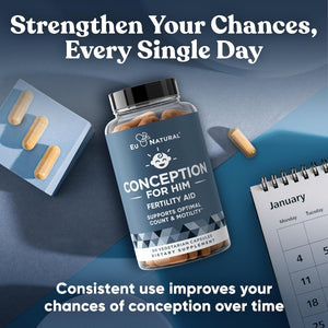 Eu Natural Conception for Him - Male Fertility Supplements with Ashwagandha, Folate & Zinc - Sperm Count, Motility & Strength Support - Fertility Support for Men, 60 Vegetarian Capsules