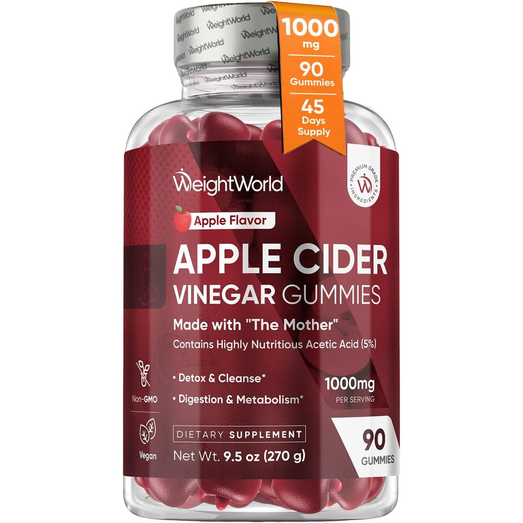 Weightworld Apple Cider Vinegar Gummies 1000Mg with the Mother + VIT C, B12-9-6, Beetroot | ACV Gummies - Digestion, Metabolism, Detox & Cleanse | Vegan Apple Cider Vinegar with Mother, 90 Count