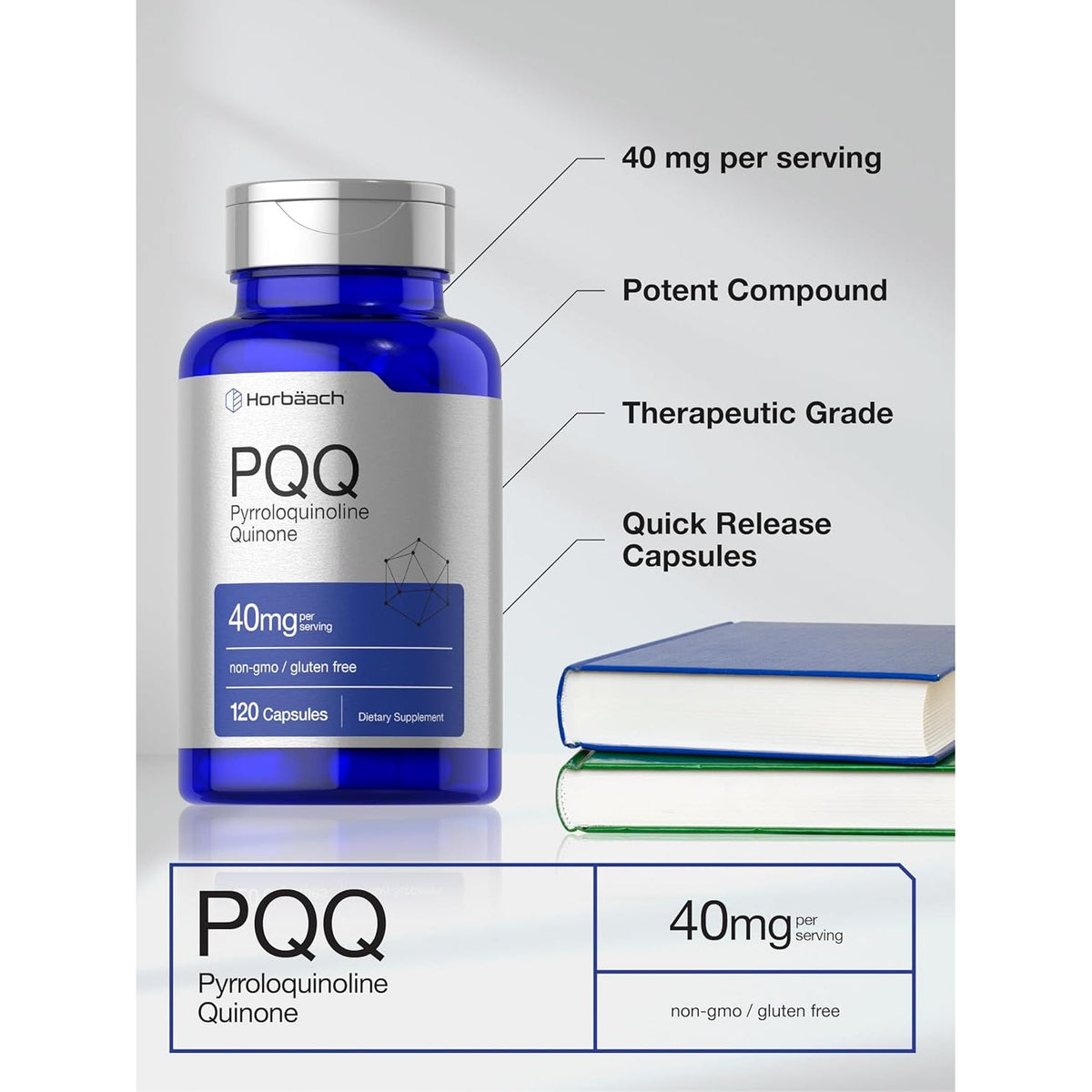 Horbäach PQQ Supplement 40 Mg | 120 Capsules | Maximum Strength | Non-Gmo and Gluten Free Supplement | Pyrroloquinoline Quinone Disodium Salt