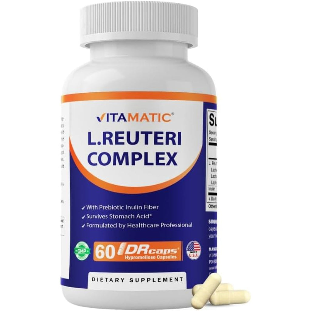 Vitamatic Lactobacillus Reuteri Complex – 22 Billion CFU per Delayed Release Capsule – 60 Capsules – Digestive & Gut Health Support – with Prebiotic Inulin Fiber