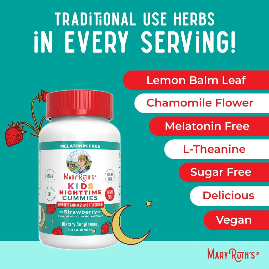MARYRUTH'S Kids Nighttime Gummies | Sugar Free | NO Melatonin with L Theanine, Lemon Balm, Chamomile, Vitamin B6 | Relaxation Support for Kids 2+ | Vegan | Non-Gmo | Gluten Free | 60 Count