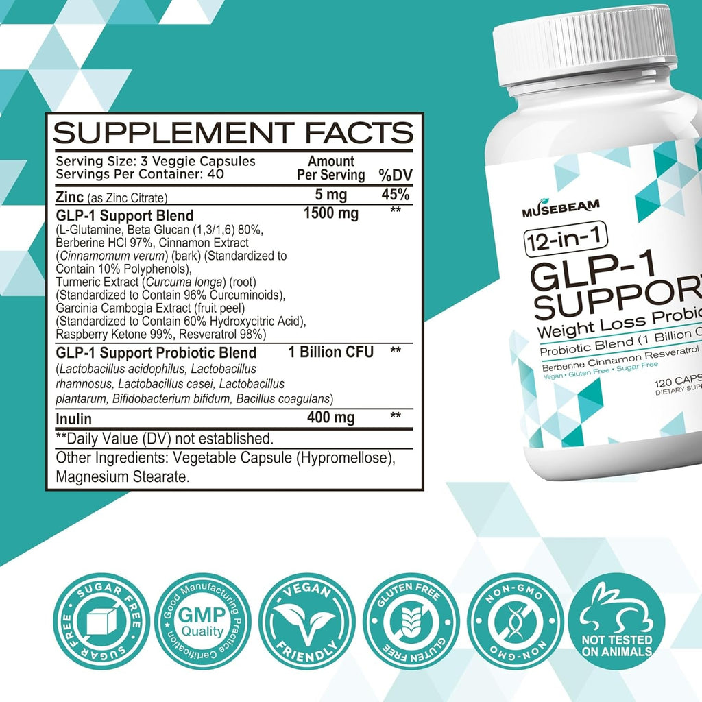 Musebeam GLP-1 Support Probiotic Weight Loss Supplement - Women Men GLP1 Support with Berberine - Appetite Suppressant Hunger Control Metabolism Fat Burn & Gut Health Support