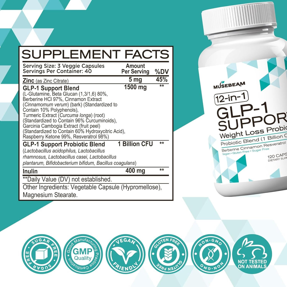 Musebeam GLP-1 Support Probiotic Weight Loss Supplement - Women Men GLP1 Support with Berberine - Appetite Suppressant Hunger Control Metabolism Fat Burn & Gut Health Support