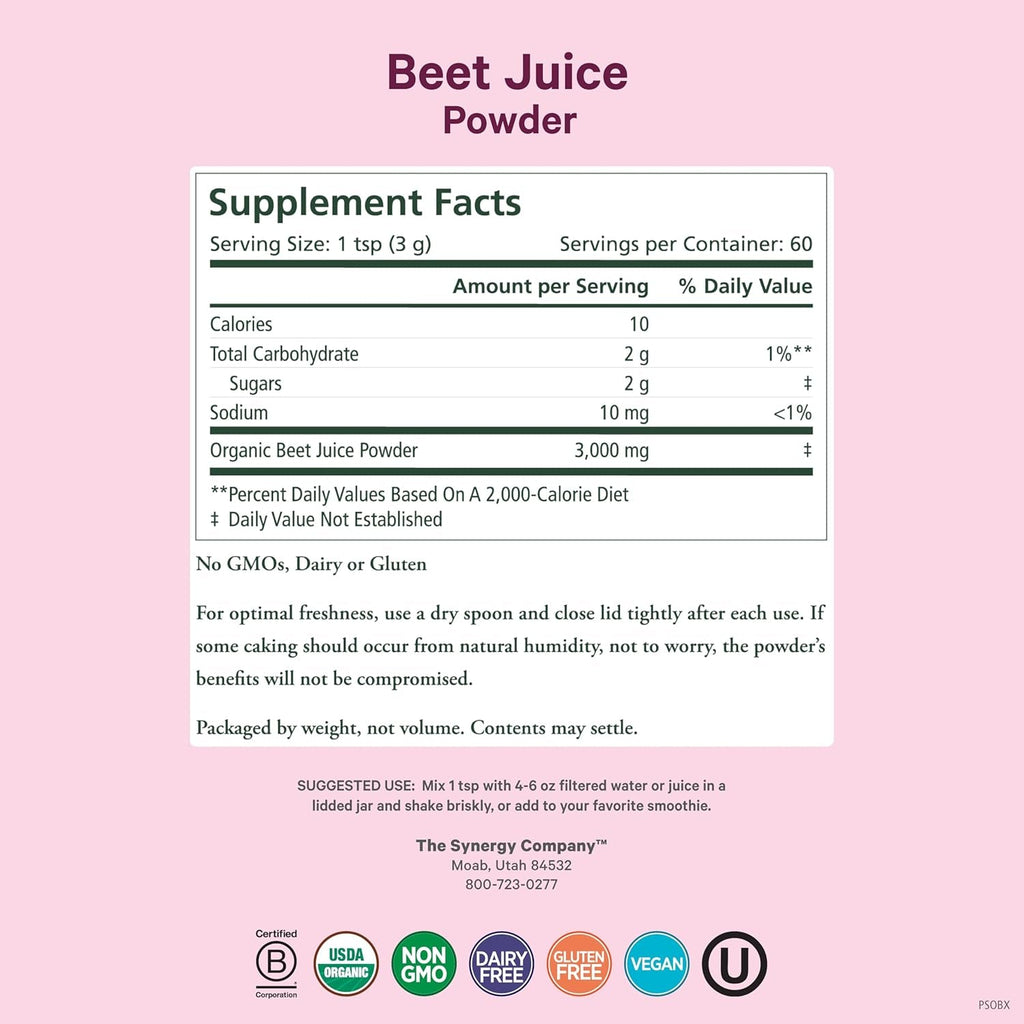PURE SYNERGY Organic Beet Juice Powder | Pre-Workout Supplement | Organic Beet Root Juice Powder | for Healthy Circulation, Exercise, and Detoxification (6.4 Oz.)