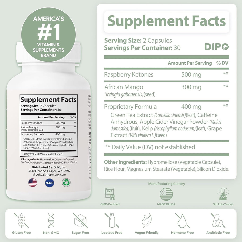 DIPO Raspberry Ketones Ultra 500Mg with African Mango Seed, Green Tea Extract & Apple Cider Vinegar - Metabolism & Healthy Weight Management Supplement for Women & Men - Vegan Non-Gmo, 60 Capsules