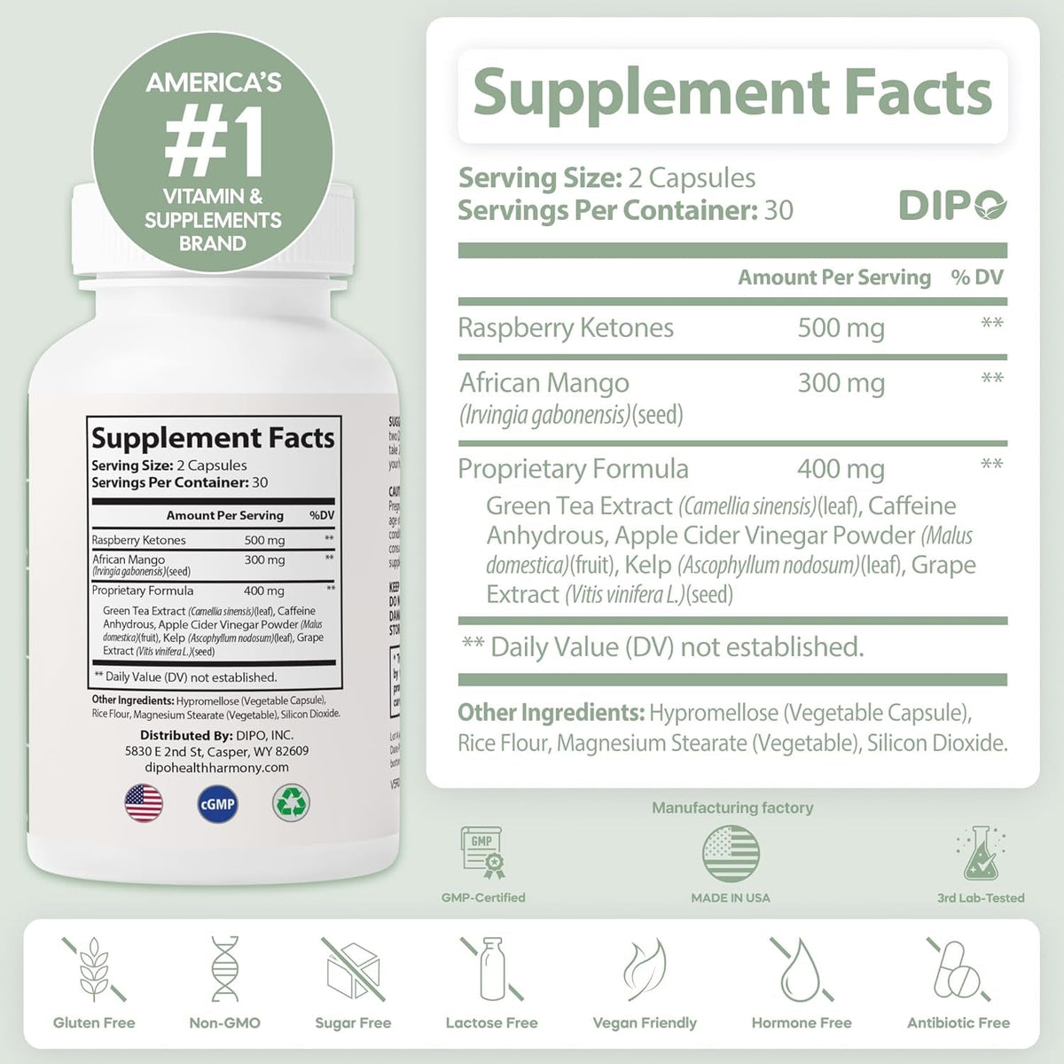 DIPO Raspberry Ketones Ultra 500Mg with African Mango Seed, Green Tea Extract & Apple Cider Vinegar - Metabolism & Healthy Weight Management Supplement for Women & Men - Vegan Non-Gmo, 60 Capsules