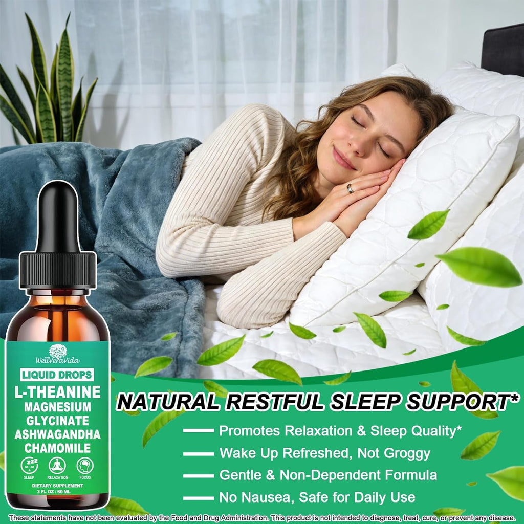 L Theanine Liquid Drops, Theanine Supplement with Magnesium Glycinate & Ashwagandha for Sleep, Relaxation & Focus Support, High Absorption Liquid L Theanine 200Mg for Adults & Kids丨Vegan, Non-Gmo, 2Oz