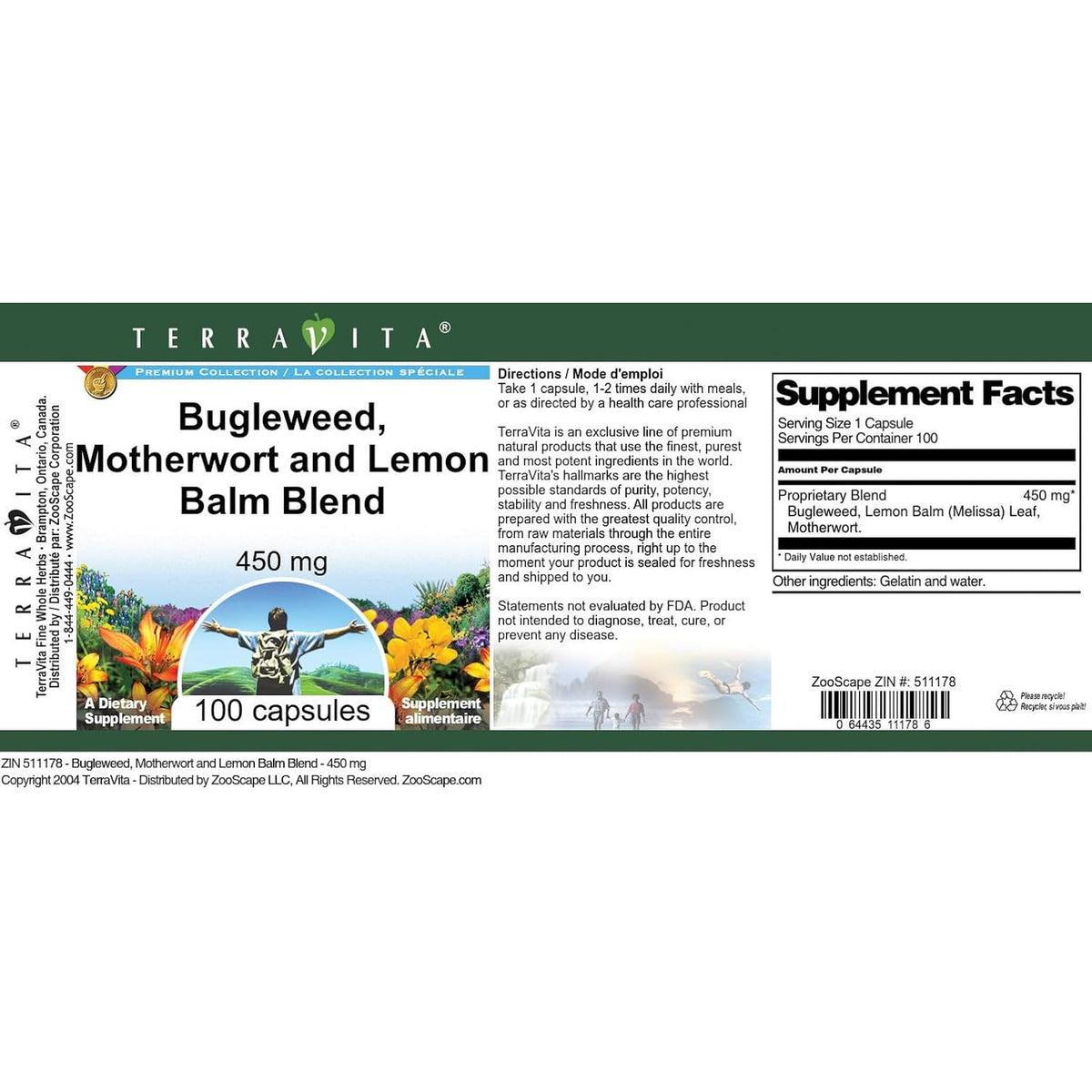 Terravita Thyroid Support - Bugleweed, Motherwort and Lemon Balm - 450 Mg (100 Capsules, ZIN: 511178)