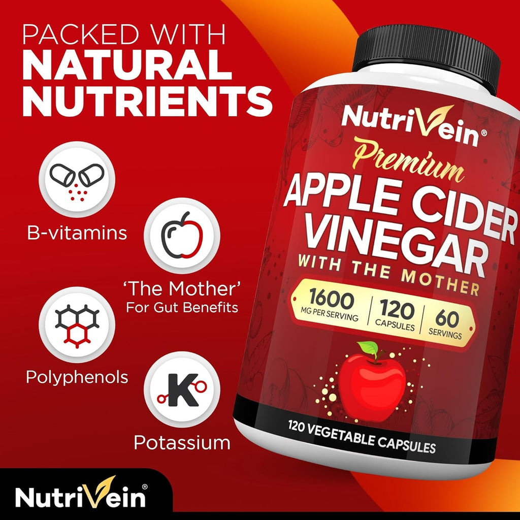 Nutrivein Premium Apple Cider Vinegar Supplements with Mother - 1600 Mg - 120 Apple Cider Vinegar Capsules: ACV Pills for Digestion, Keto, Cleansing, and Balanced Nutrition