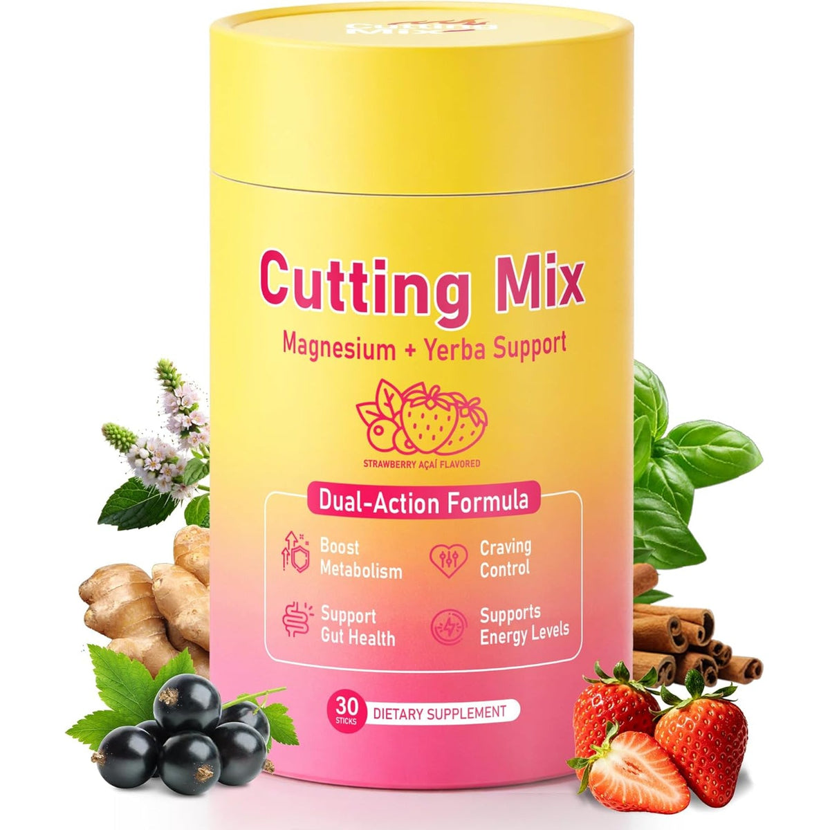 Cutting Drink Mix – Dual-Action Satiety Signaling, Energy & Digestive Health with Berberine, Chromium, FOS, Yerba Mate & 5-HTP | Vegan, Sugar-Free, Non-Gmo - 30 Sticks