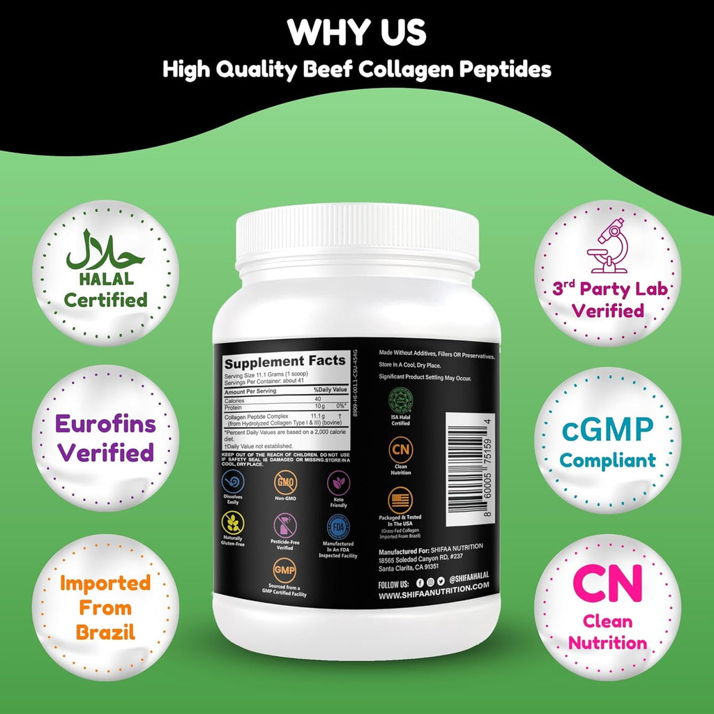 Halal & Grass Fed Collagen Peptides Powder 1 Lb. 16Oz Unflavored Hydrolyzed Collagen Peptides Powder Type I & Type III for Hair, Skin, Nails & Joints | Keto & Paleo Friendly | Sugar & Gluten Free
